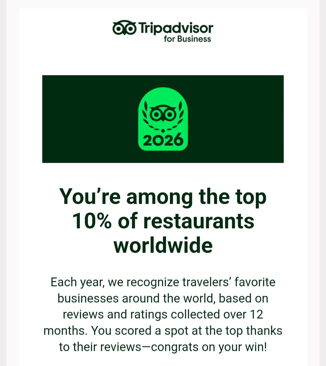 Tripadvisor Top Restaurant Recognition